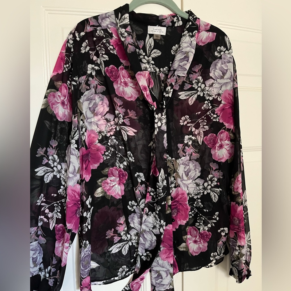 Tahari 2X Tie Sheer Blouse